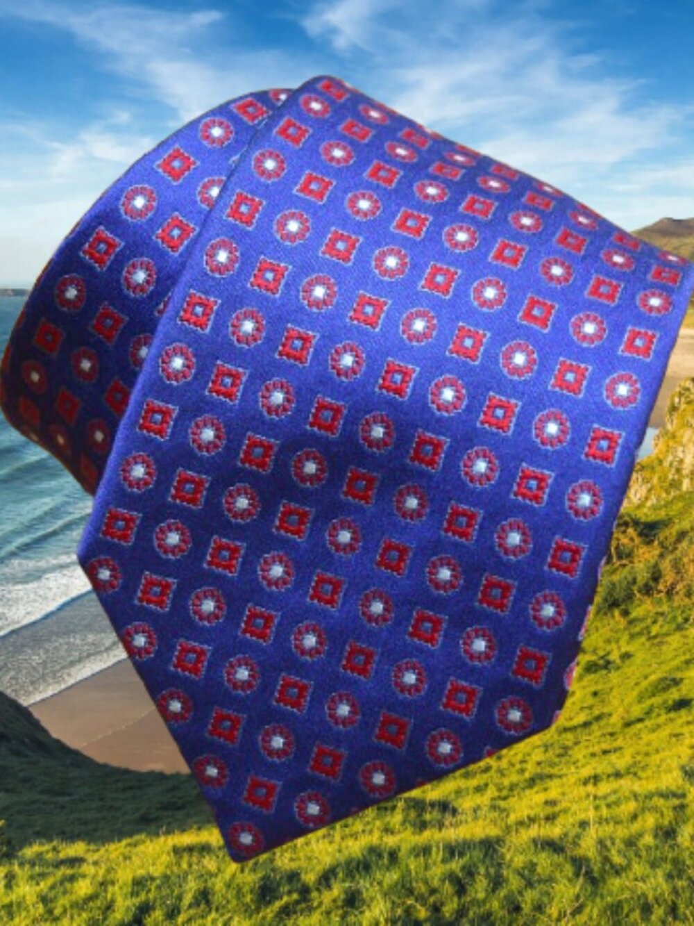 $550 BRIONI Navy Blue Red Aqua Geometric Medallion Handmade Italy Silk Neck Tie